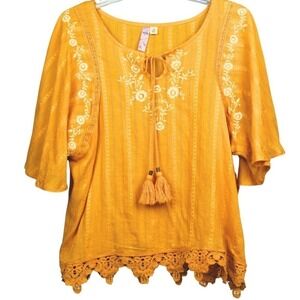 Alya Golden Yellow Floral Embroidered Lace Trim Blouse Women's‎ Size Medium